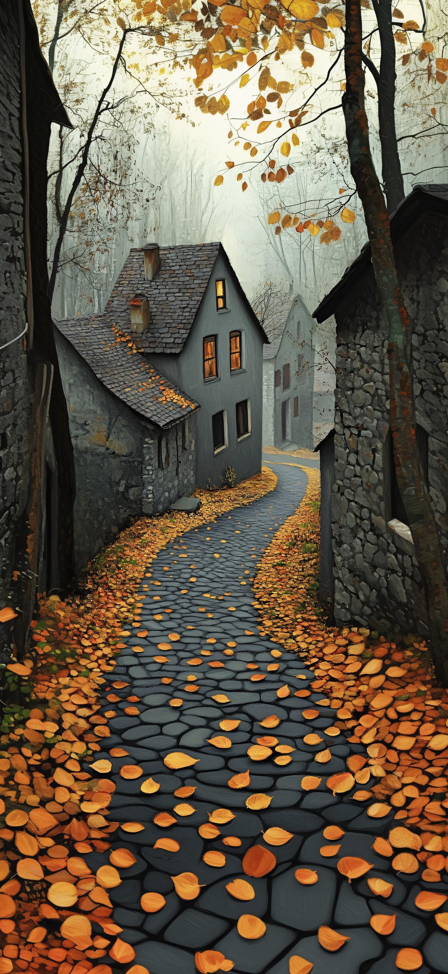 Autumn Road in a Beautiful Old Village