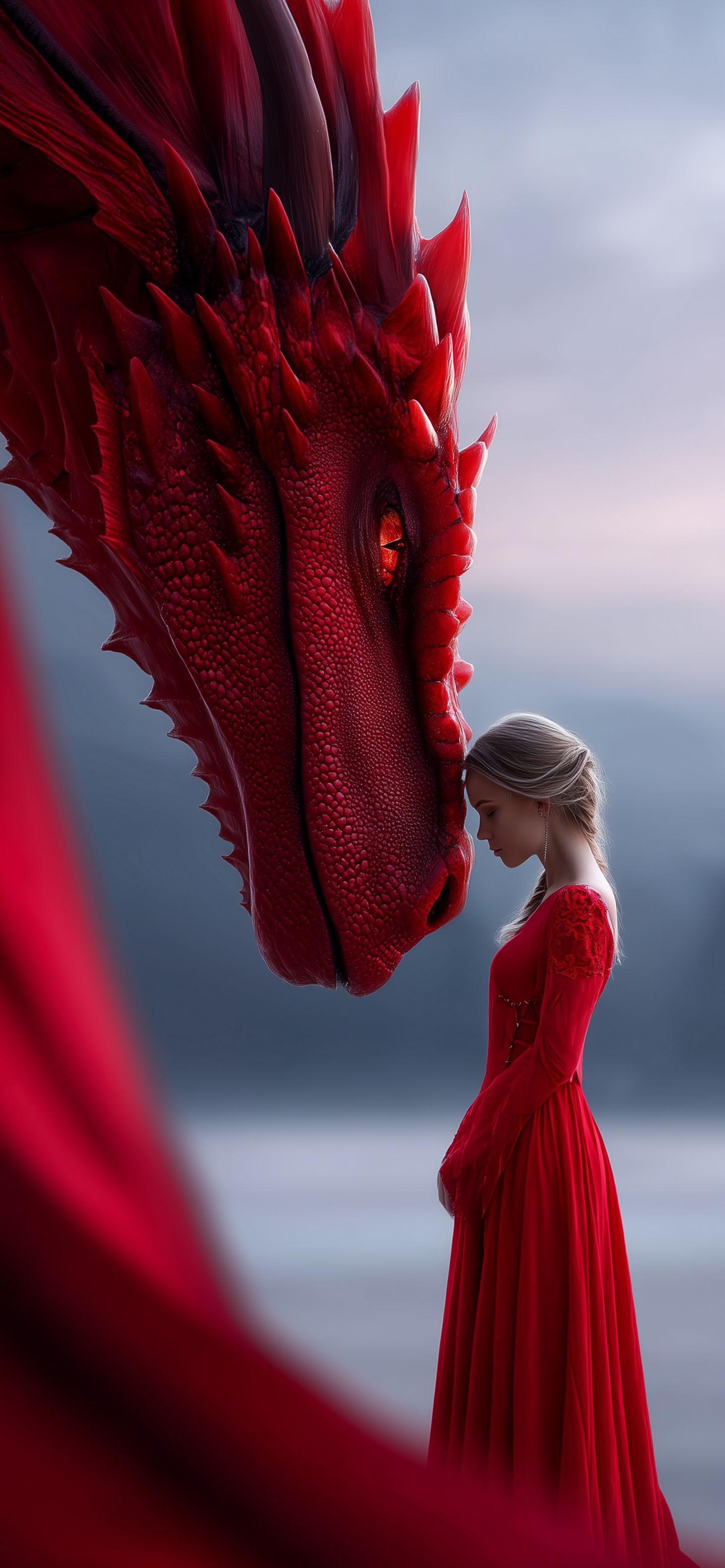 Epic Red Dragon and Woman in Red Dress