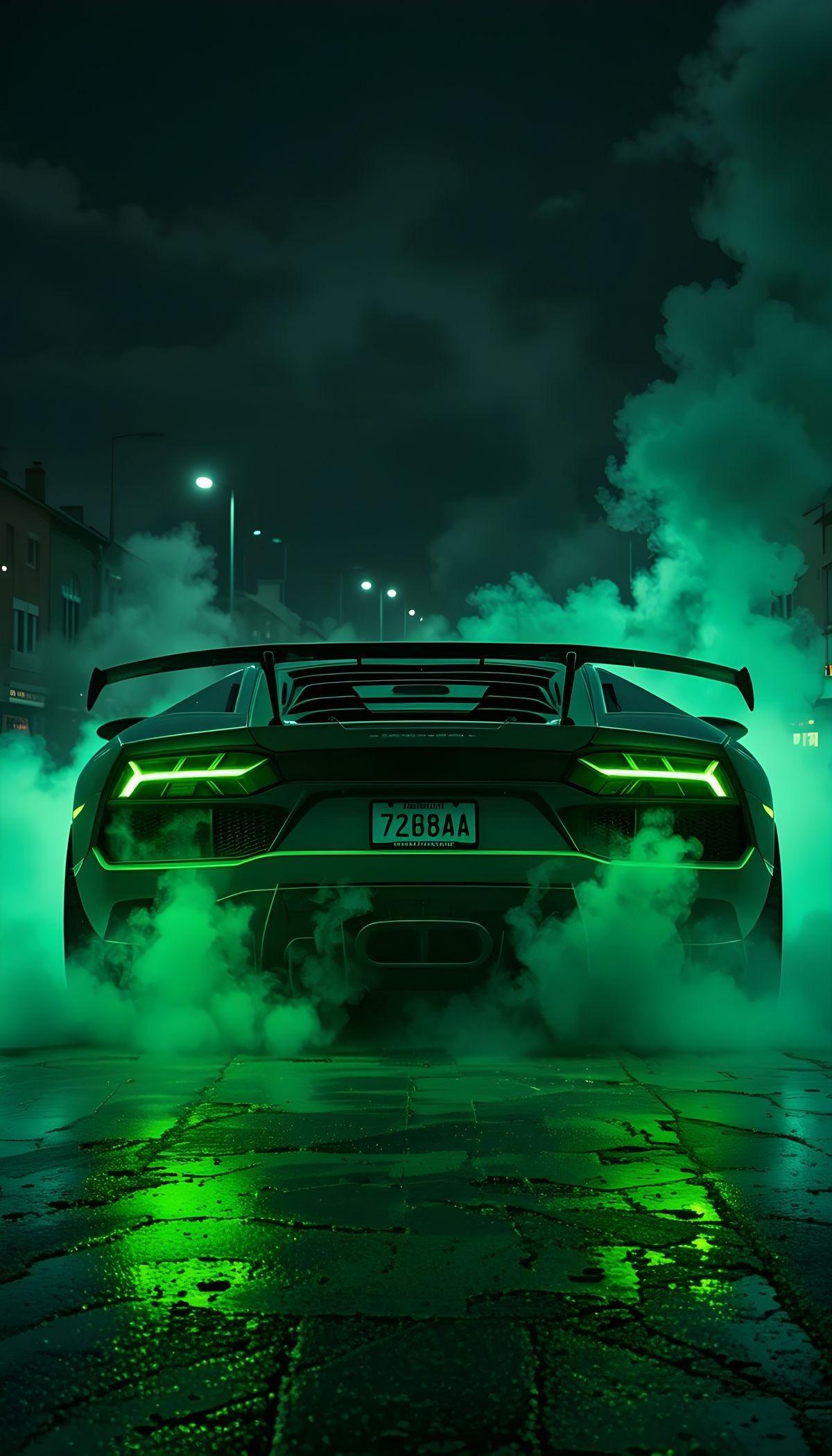 Green Neon Lamborghini on Wet City Street
